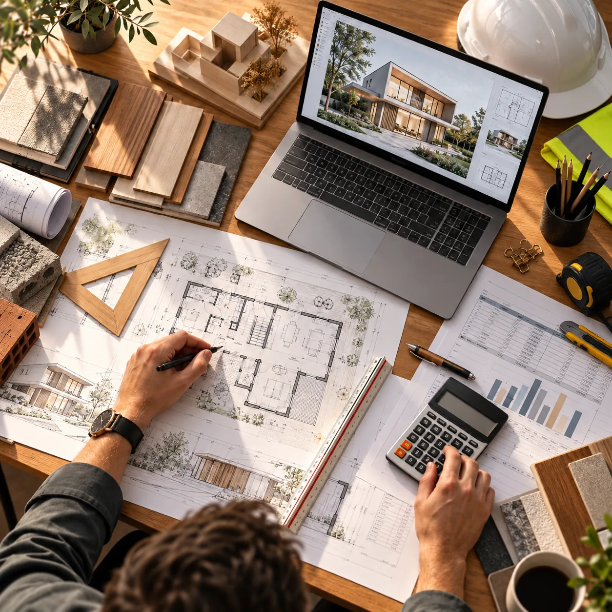 Plan de maison dessiné à la main, chiffrage à la calculatrice et visuel 3D à l'écran