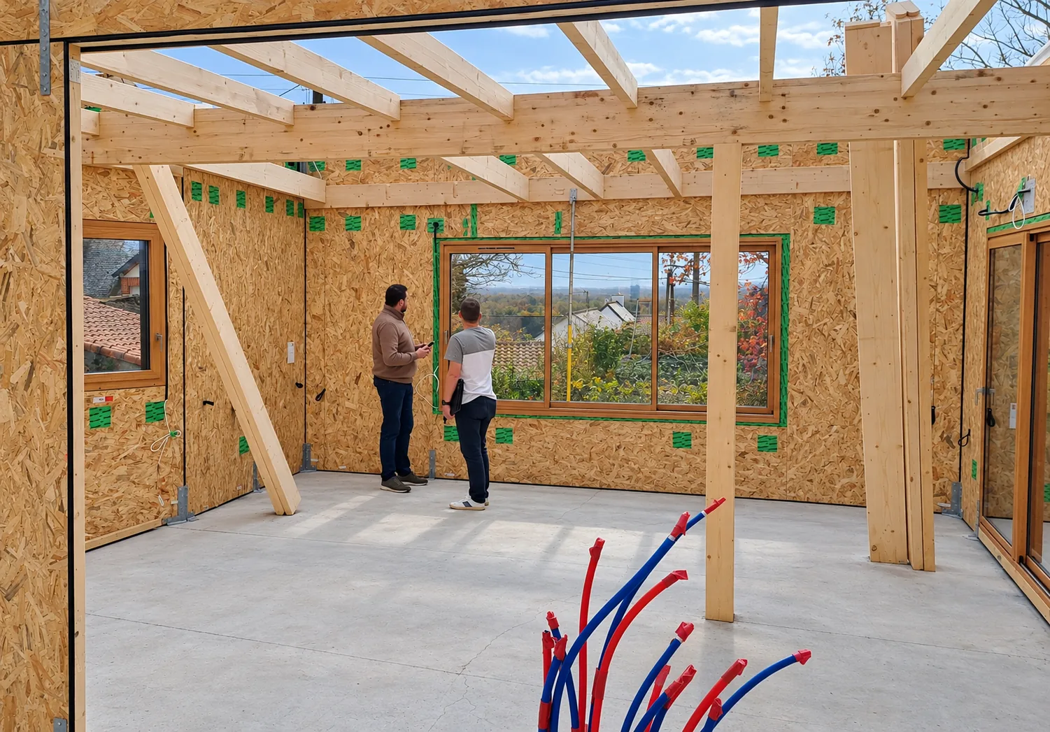 Visite d'une maison en ossature bois en cours de chantier, devant la grande baie