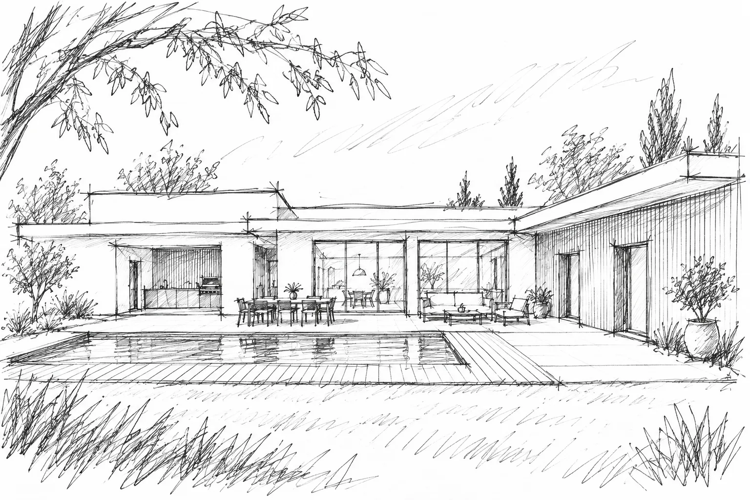 Croquis d'esquisse d'une maison de plain-pied avec piscine