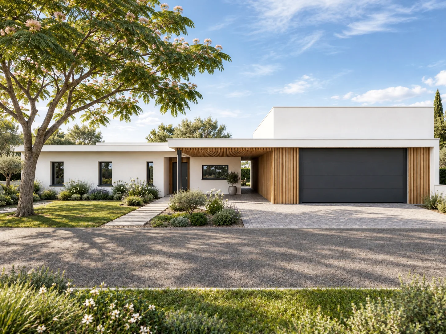 Visuel 3D d'une maison contemporaine au toit plat et bardage bois