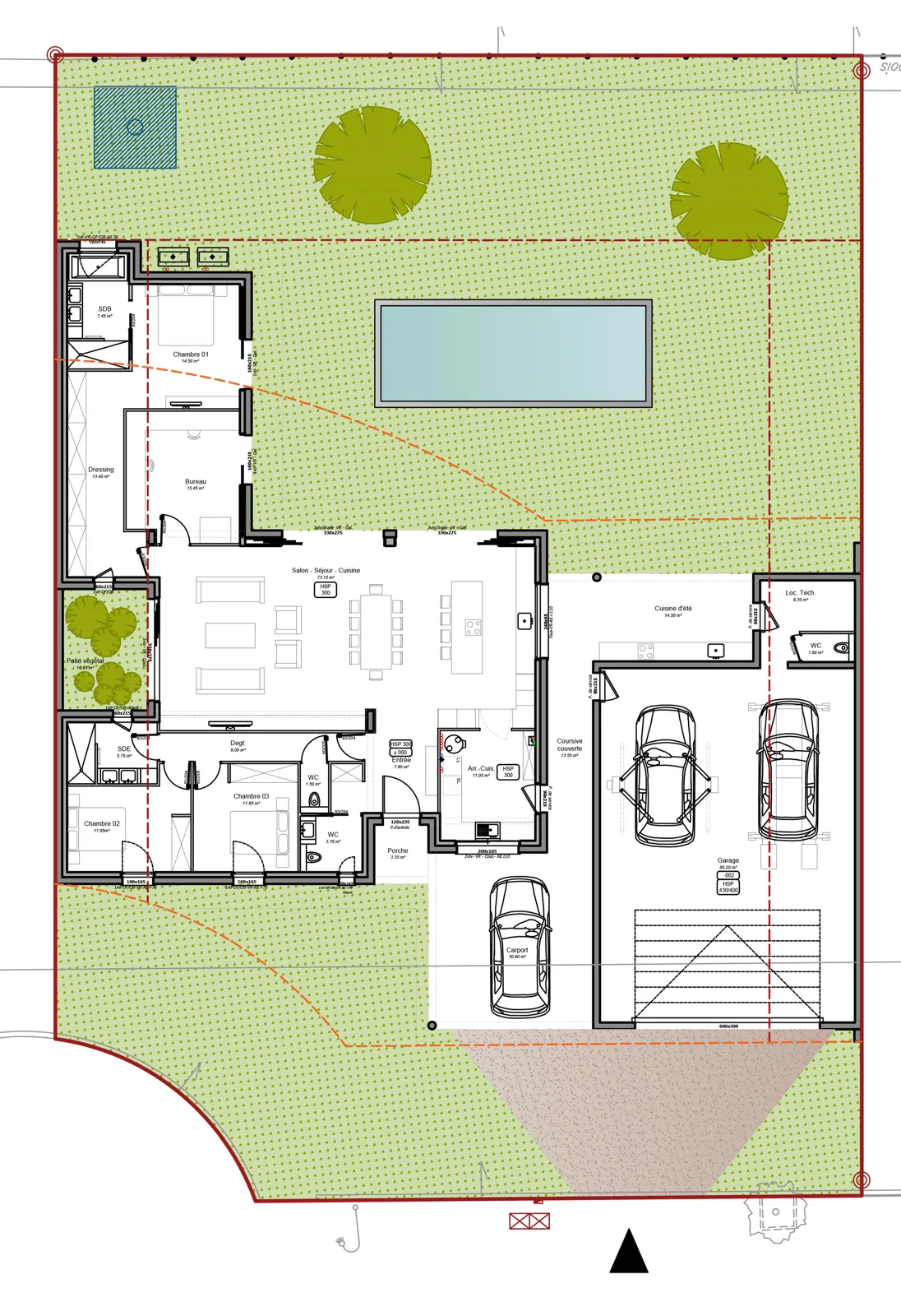 Plan du projet avec jardin, piscine et garage