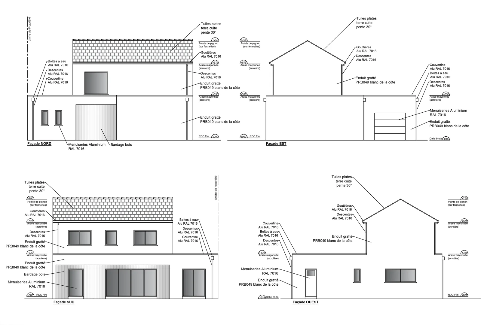 Plans des quatre façades d'une maison, joints au dossier de permis