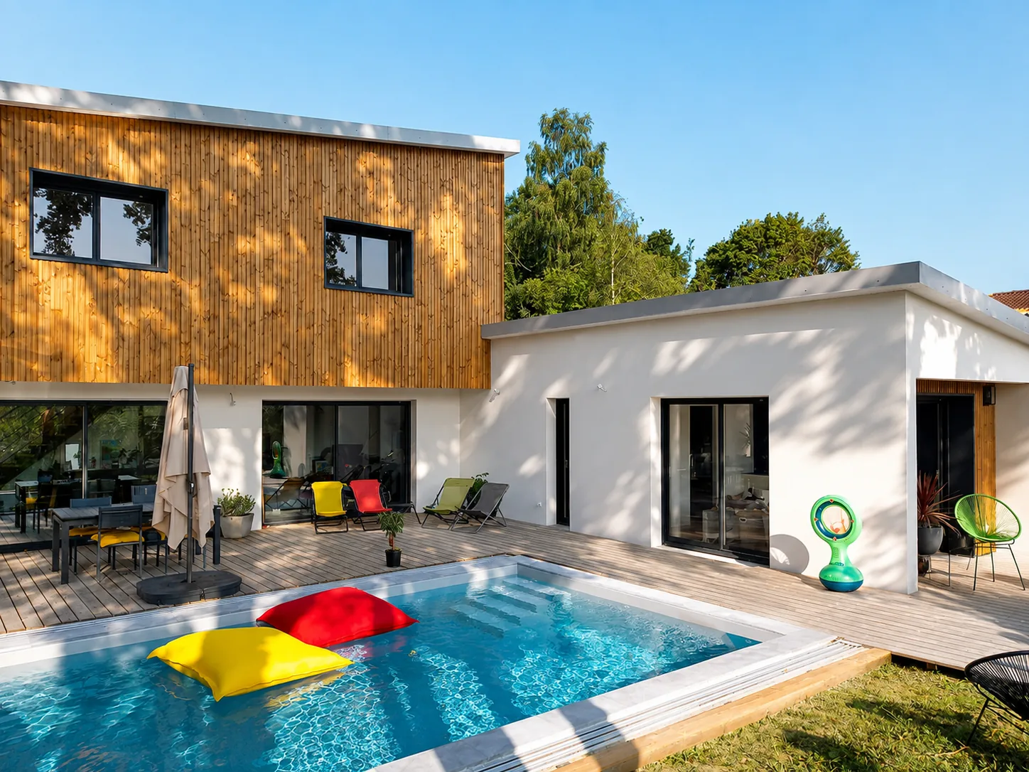 Dans les bois, maison neuve bardée de bois près de Nantes, autour de sa piscine