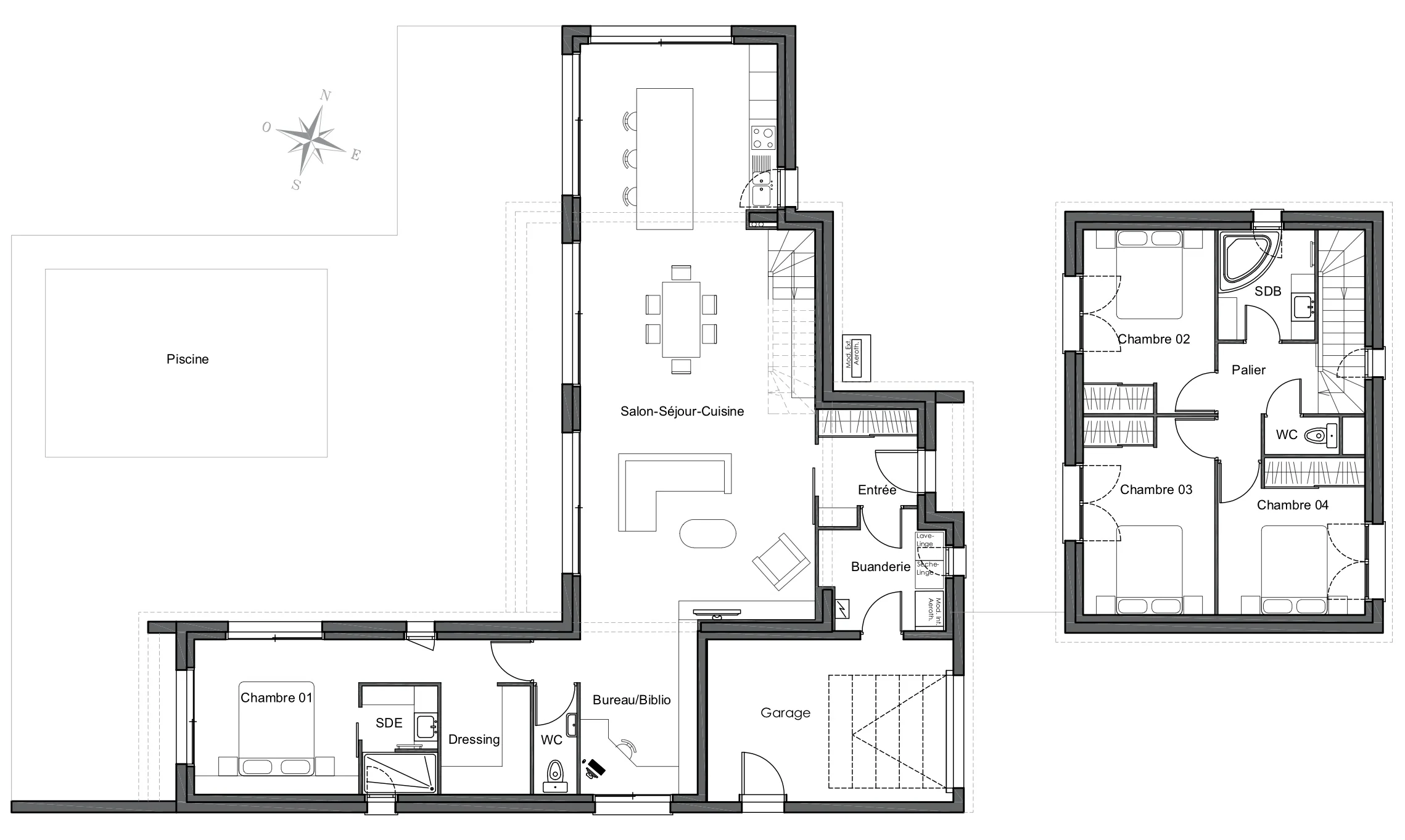 Plan du rez-de-chaussée et de l'étage de la maison Dans les bois