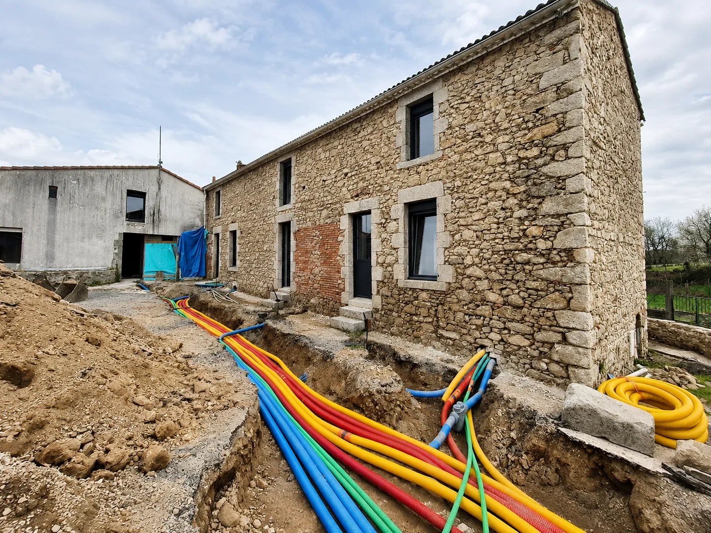 Chantier de rénovation d'une longère en pierre, tranchées et gaines de raccordement, projet Héritage